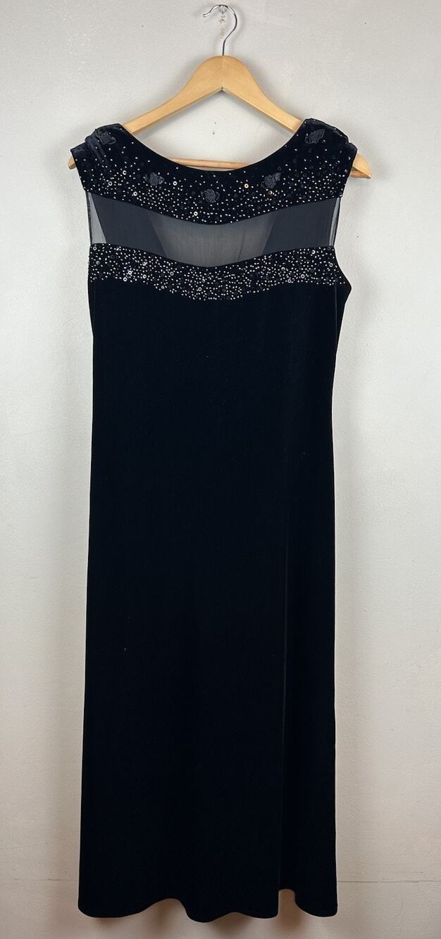 Vtg Black Velvet Maxi Dress Whimsigoth Back Cowl Sz 12 J.R. Nites Caliendo Sheer